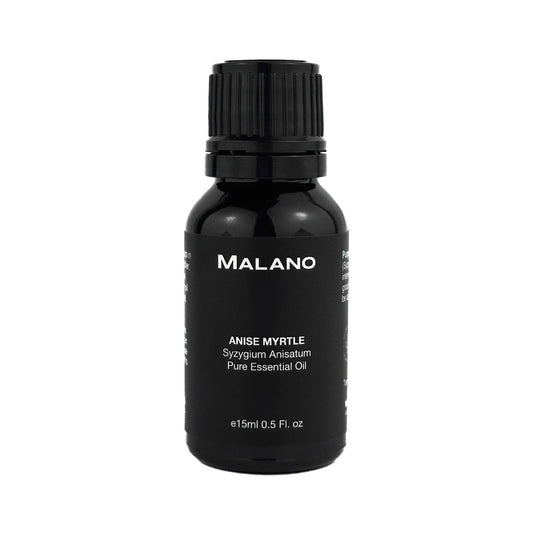 A 15mL black bottle of Anise Myrtle Pure Essential Oil branded with Malano on the label.