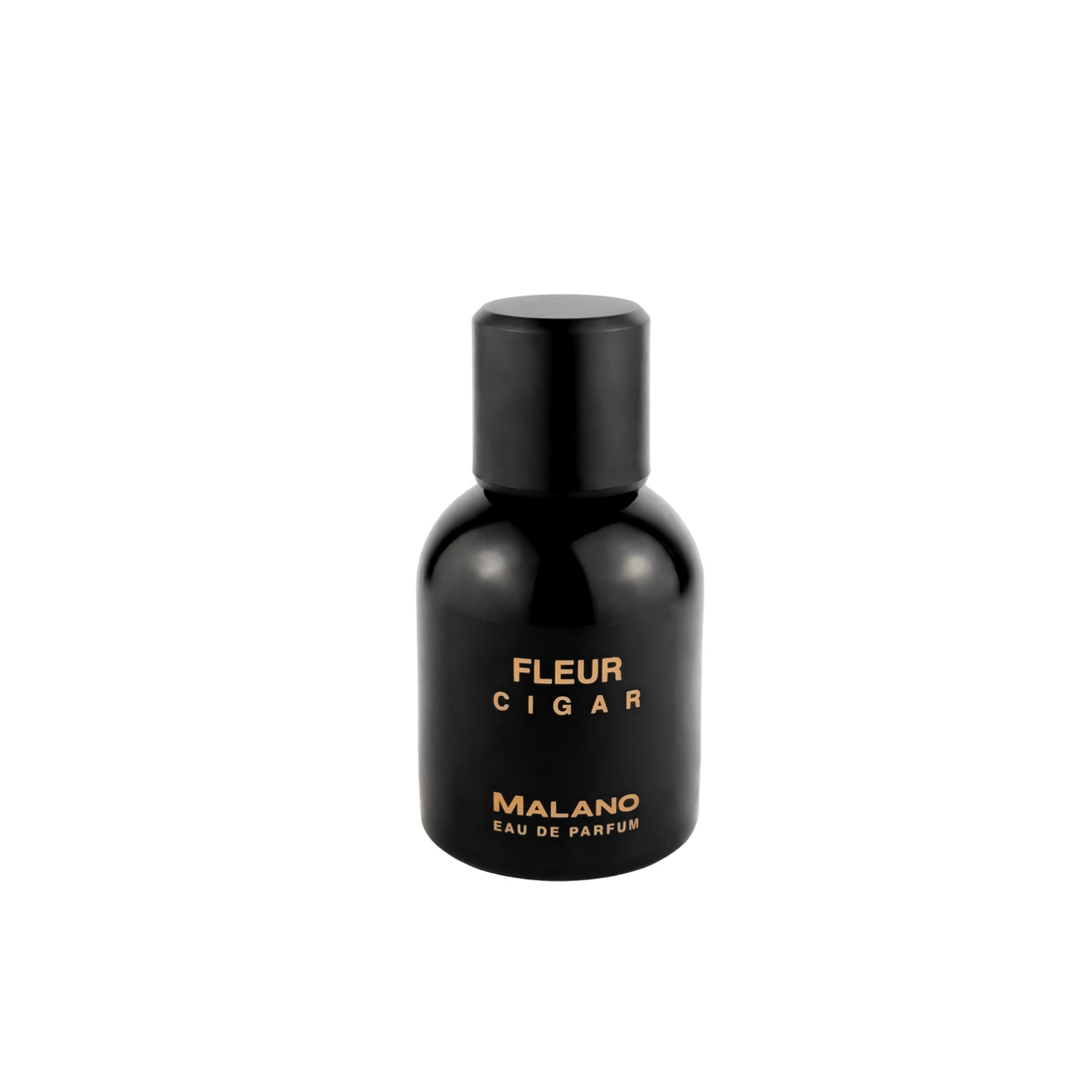 A black bottle of 'Fleur Cigar' eau de parfum by MALANO, with elegant gold lettering on the label.