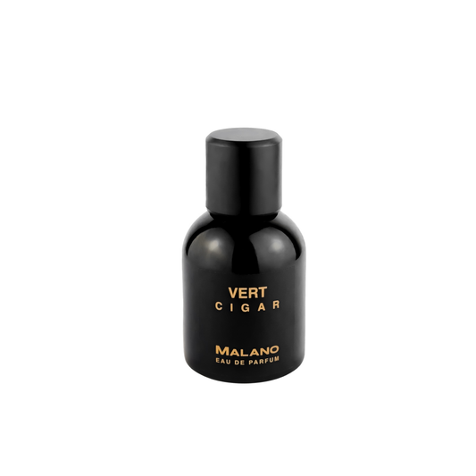 A black bottle of 'Cigar Vert' eau de parfum by Malano  with metalic gold text on the label.