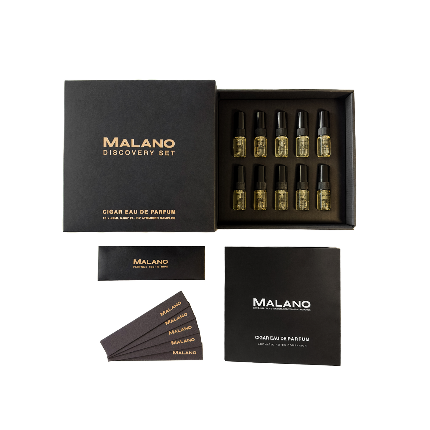 Flat Lay of the Cigar Eau de Parfum Discovery Set by Malano, the box is open revealing all of the perfumes, next to the perfumes is the Aromatic Notes Companion and the Perfume Tester Strips