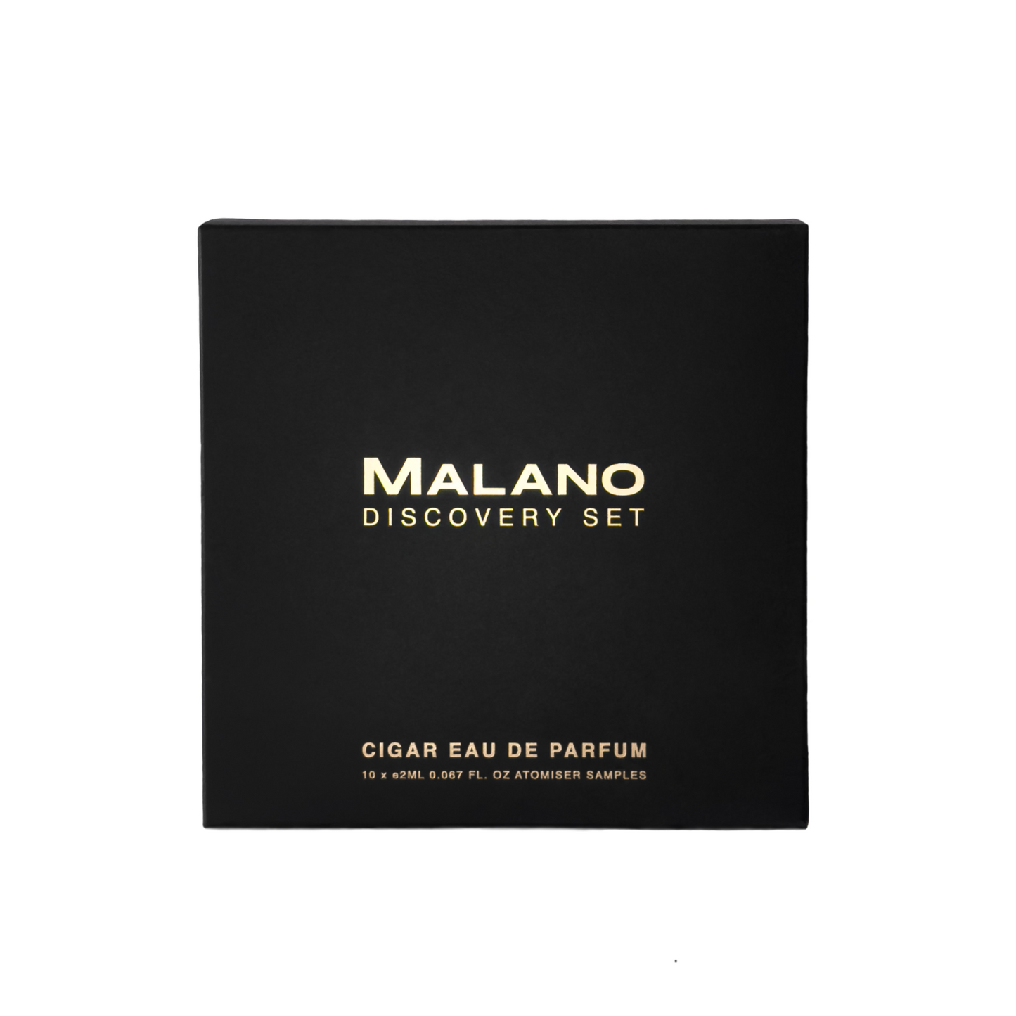 Cigar Eau de Parfume Discovery Set Box by Malano with all of the writing in metalic gold.