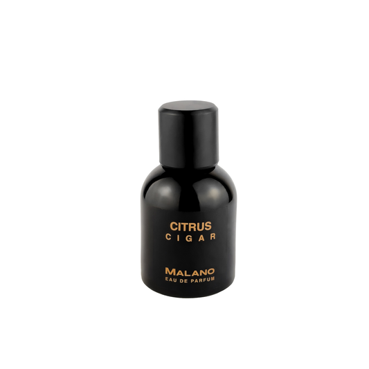 A black 50mL bottle of 'Cigar Citrus' eau de parfum with gold text labelling showing the scent and the brand ‘Malano’