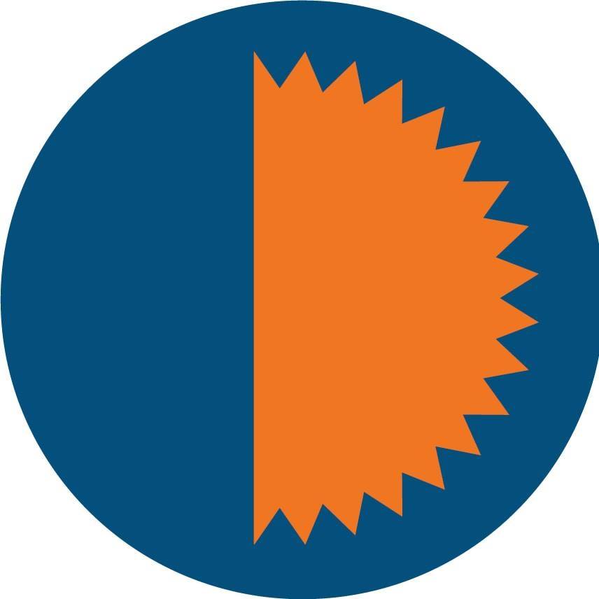 the logo for Community Living and Respite Services including a blue circle with half of an orange spiky circle sitting ontop of the blue circle.