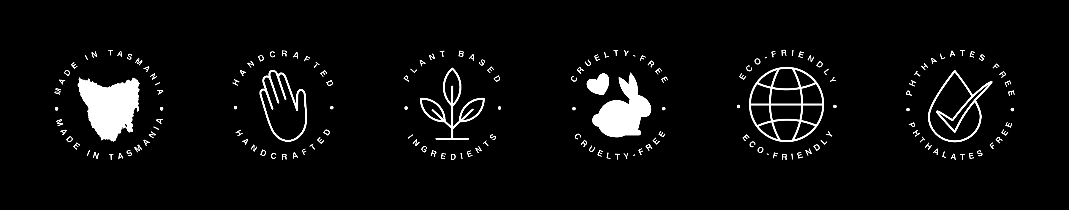 six ethos icons of Malano’s including; Handmade in Tasmania, Handcrafted, Plant Based Ingredients, Cruelty-Free, Eco-Friendly, Phthalates Free.