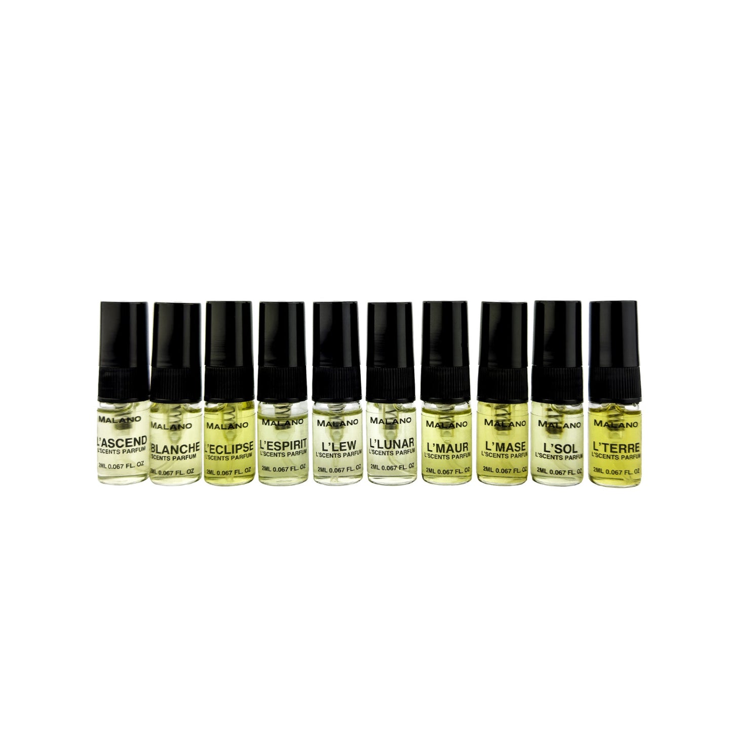 A collection of 10 clear 2mL atomiser bottles of LScents perfume, arranged in a line with each of the scents displayed on the front, on a white background