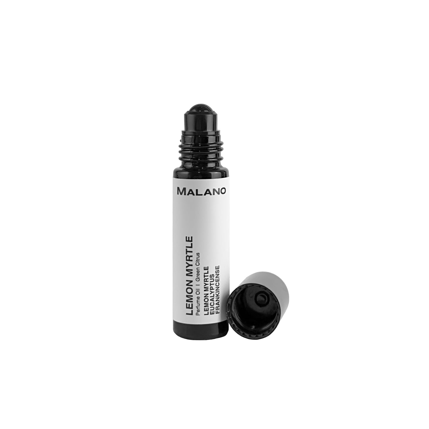 A Lemon Myrtle roll-on perfume bottle with the cap removed, labeled with the brand name MALANO.