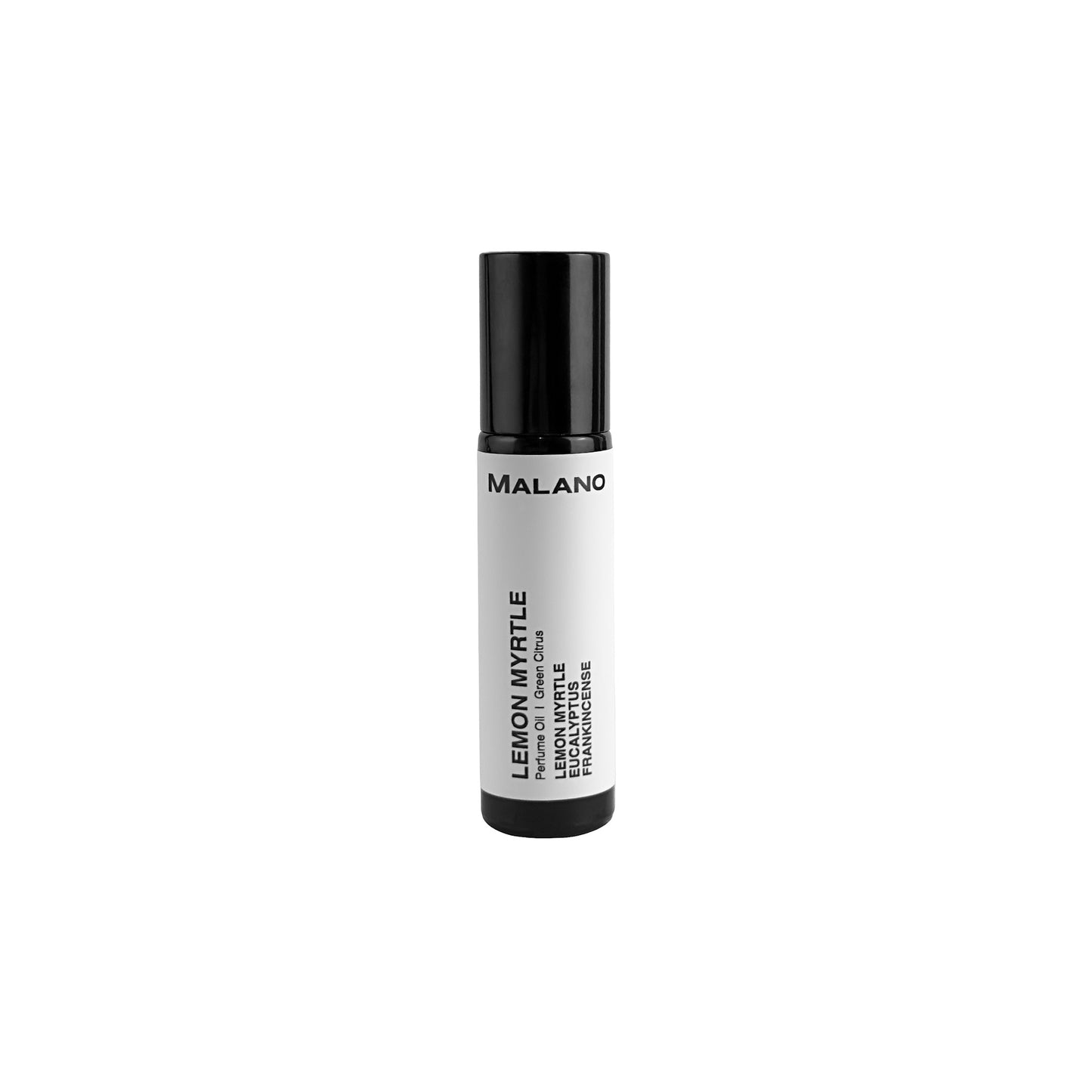 A black roll-on perfume oil bottle with a white label that reads 'Lemon Myrtle' and '10mL' and he brand name Malano