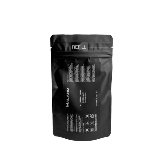 A black refill bag with the brand ‘MALANO’ and the scent reading ‘Australiana’, ‘Aluminium Free’, ‘Deodorant’ and ‘REFILL’ 50mL on the front, against a white background