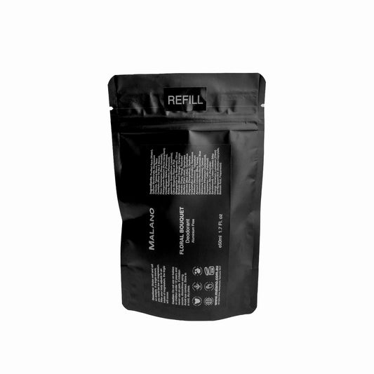 A black 50mL deodorant refill pouch with the brand ‘MALANO’ and the scent reading ‘Floral Bouquet’, ‘Aluminium Free’, ‘Deodorant’ and ‘REFILL’ on the front, and on a white background