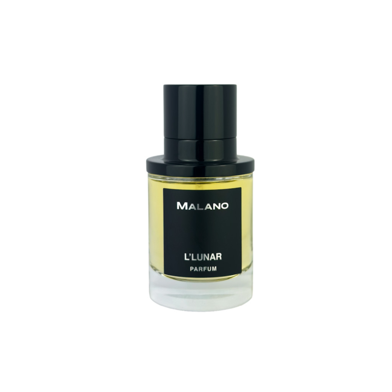 A bottle of MALANO L'LUNAR PARFUM perfume with a black cap and a black label with silver text, containing a yellowish-amber liquid, set against a plain white background.