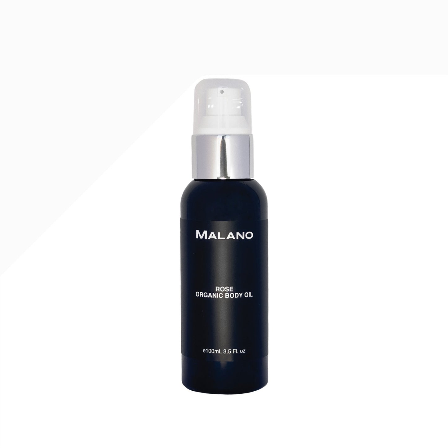 Black bottle with a pump lid, of Malano Rose Organic Body Oil with a capacity of 100mL on a white background
