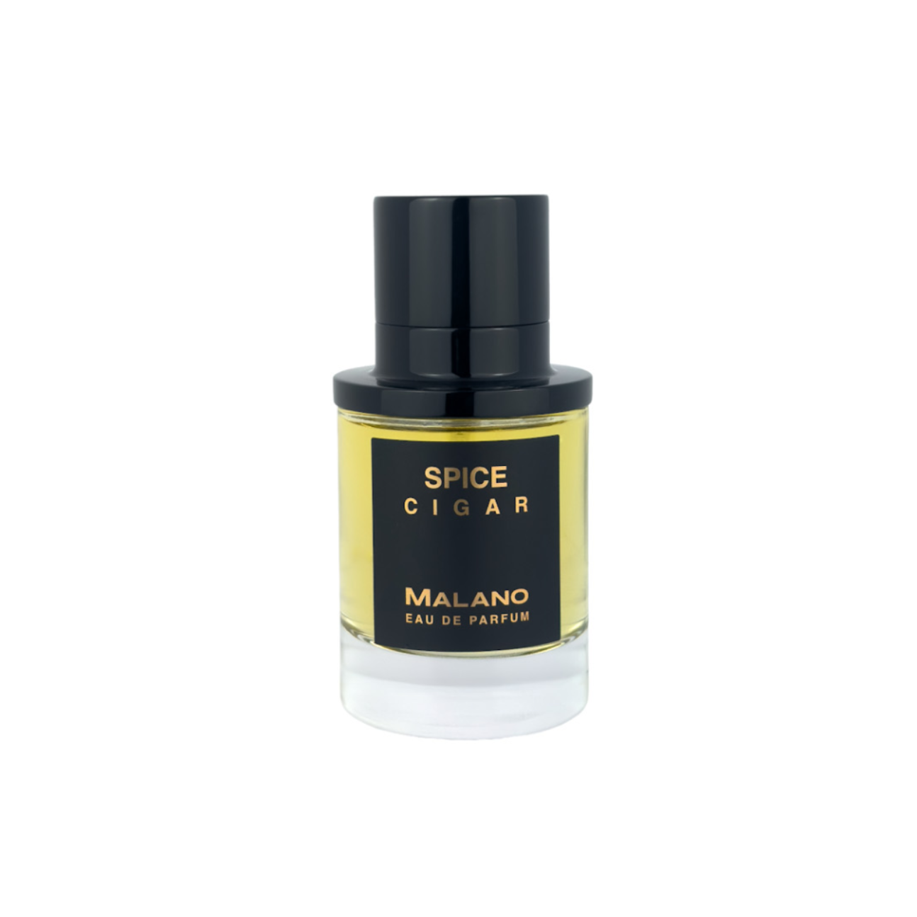 A bottle of Malano Spice Cigar Eau de Parfum with a black cap and a black label featuring a gold lettering, with yellow perfume liquid set against a plain white background.