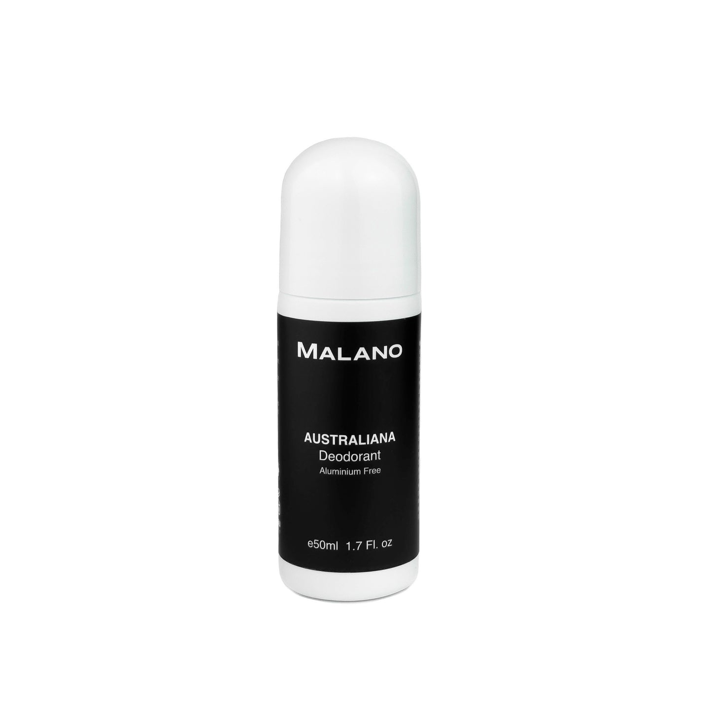 A bottle of MALANO Australiana Aluminium Free Deodorant, 50mL, with a white and black label on a plain background.