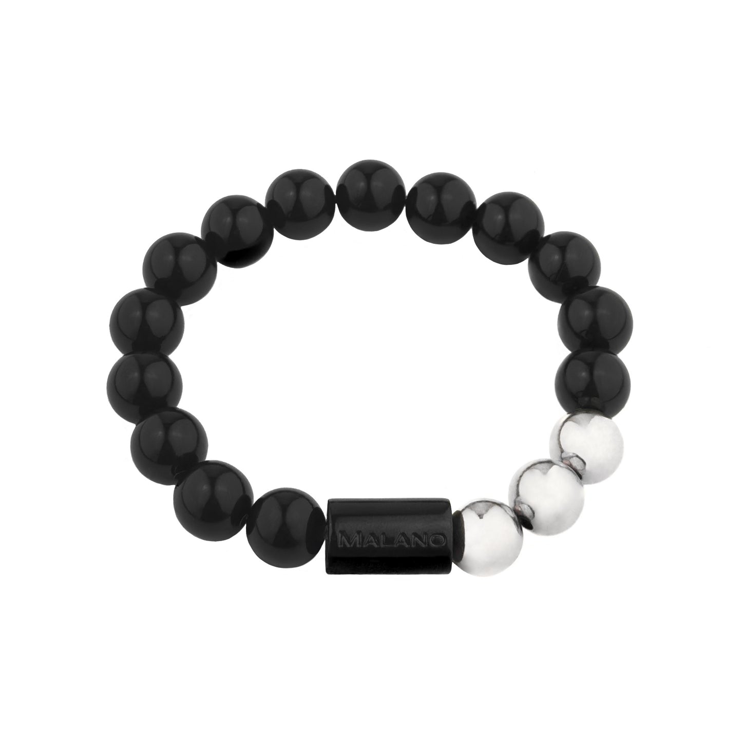 Malano branded 10mm Gloss Black Onyx and Silver bead bracelet.