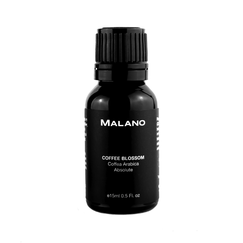 A black bottle with a white label displaying 'MALANO' and 'Coffee Blossom Coffea Arabica Absolute', with a measurement indication of 15mL.