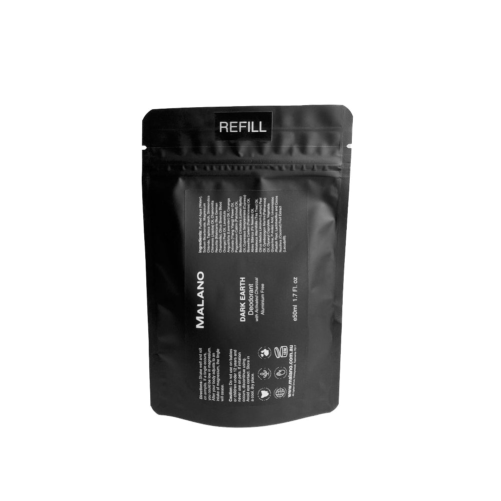 A black refill pouch of MALANO Dark Earth Aluminium Free Organic Deodorant, with activated charcoal. On the bag is a black label and with white writing and a size of 50mL.