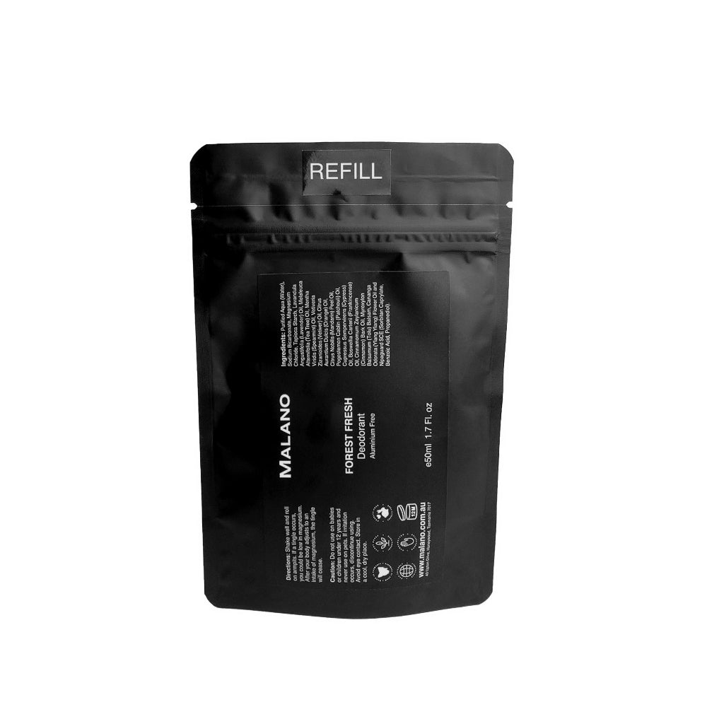 A black refill bag of MALANO Forest Fresh Aluminium Free Deodorant, with a black label and with white writing and a size of 50mL.