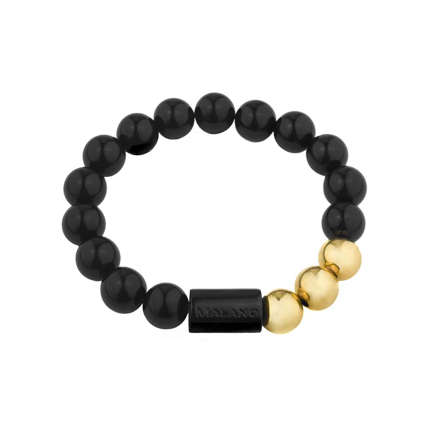 Malano branded 10mm Gloss Black Onyx and Gold bead bracelet.