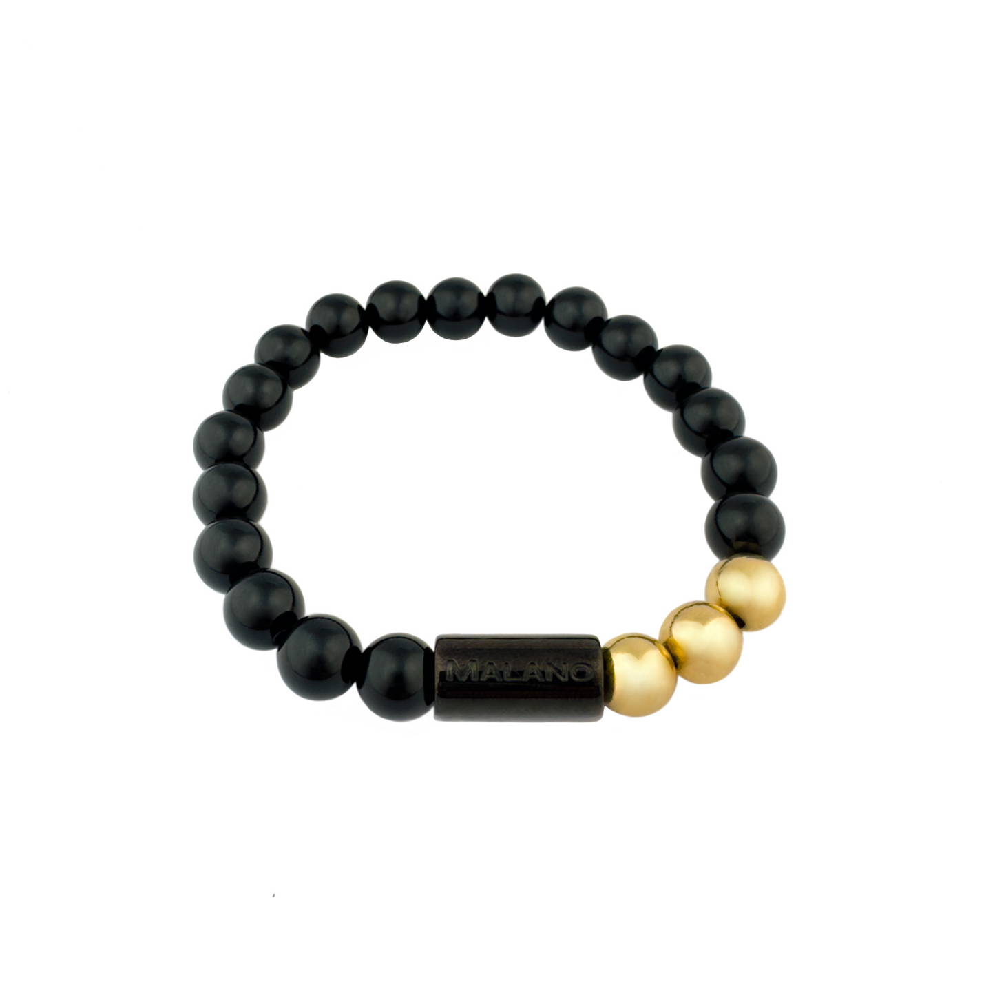 Malano branded 8mm Gloss Black Onyx and Gold bead bracelet.