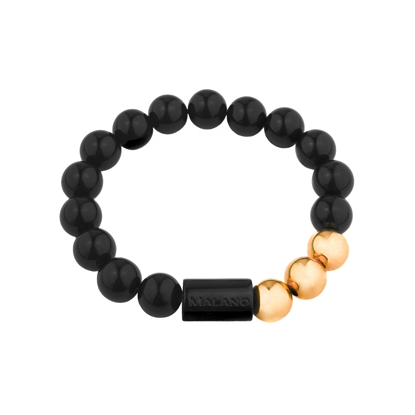 Malano branded 10mm Gloss Black Onyx and Rose Gold bead bracelet.