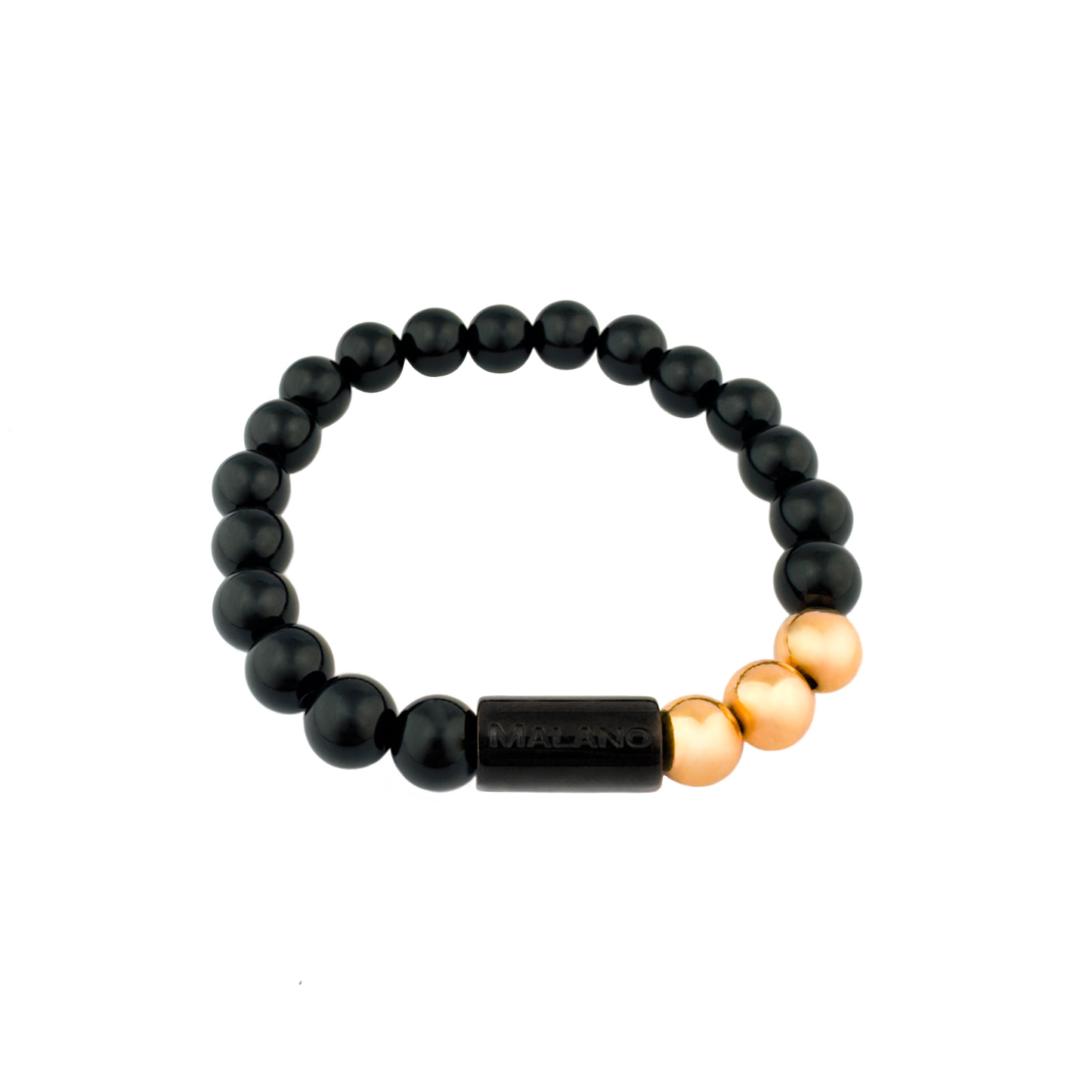 Malano branded 8mm Gloss Black Onyx and Rose Gold bead bracelet.