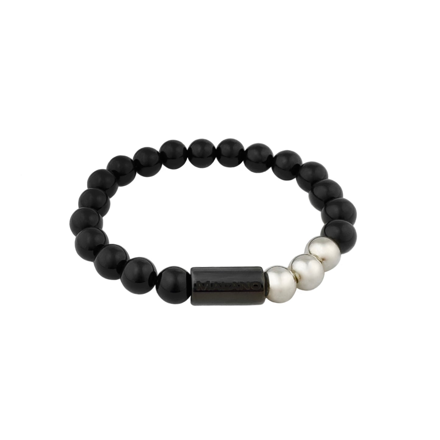 Malano branded 8mm Gloss Black Onyx and Silver bead bracelet.