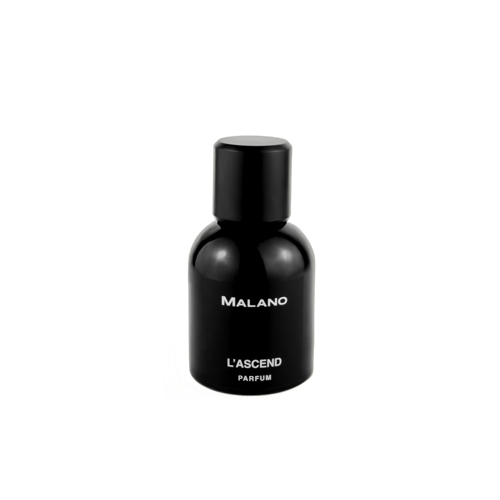 A black bottle of L'Ascend Parfum by Malano with silver text displaying the name and fragrance classification 'PARFUM'