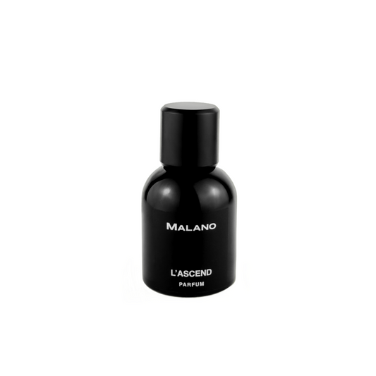A black bottle of L'Ascend Parfum by Malano with silver text displaying the name and fragrance classification 'PARFUM'