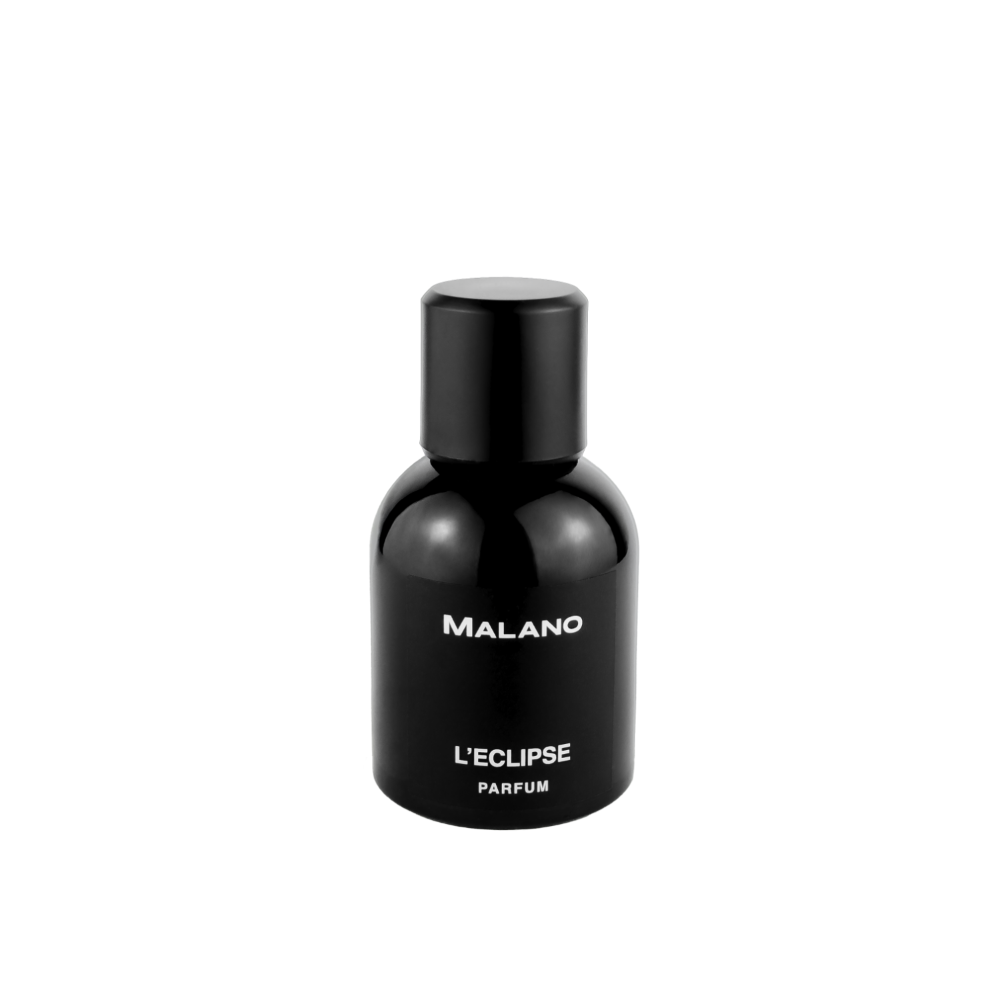 A black bottle of L'Eclipse Parfum by the brand Malano with silver text indicating the name of the fragrance.