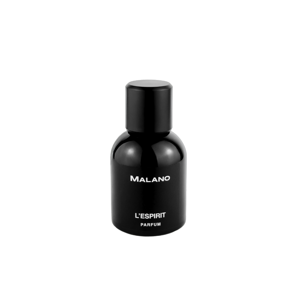 A black bottle of L'Espirit Parfum by Malano with a simple and elegant design, labeled with silver text against a black background