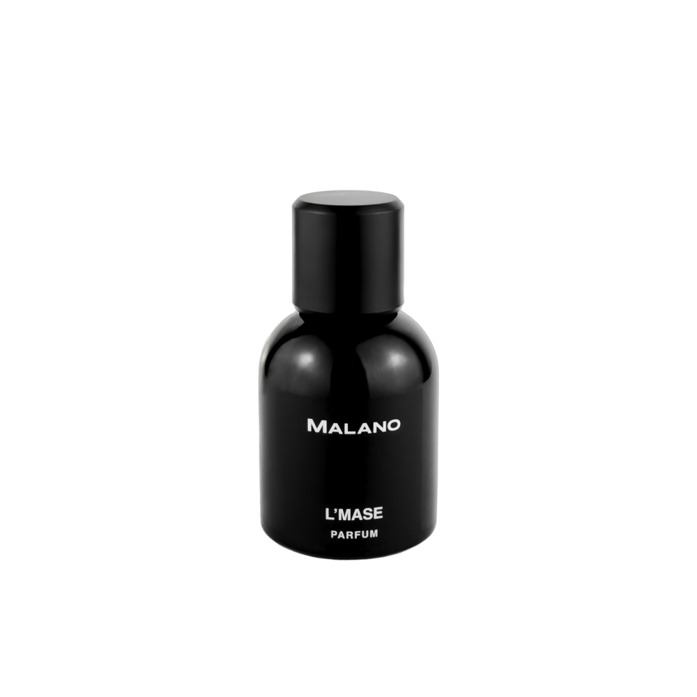 A black bottle of L'Mase Parfum with Silver text displaying the name and type of the fragrance and the brand Malano.