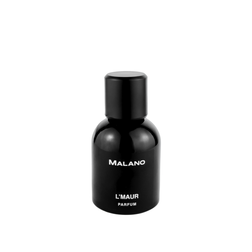A black bottle of L'Maur Parfum with metalic silver text displaying the brand name 'MALANO' on the front.