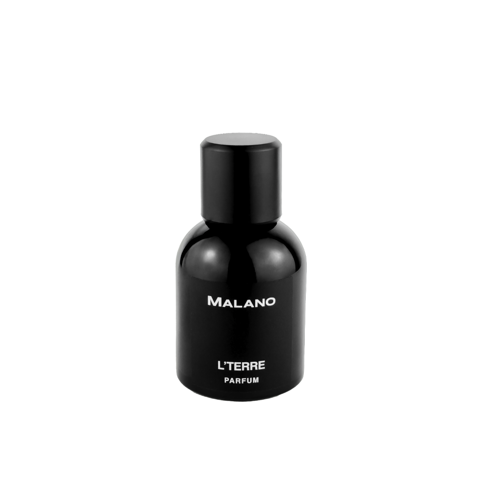 A black bottle of L' Terre Parfum with metalic silver text displaying the name and fragrance category 'Parfum' and the brand Malano