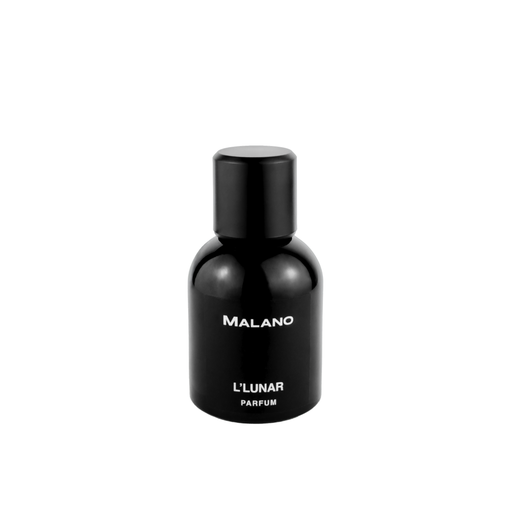 A black bottle of L’Lunar Parfum with silver text indicating the name and fragrance category 'Parfum' on the label and the brand Malano.