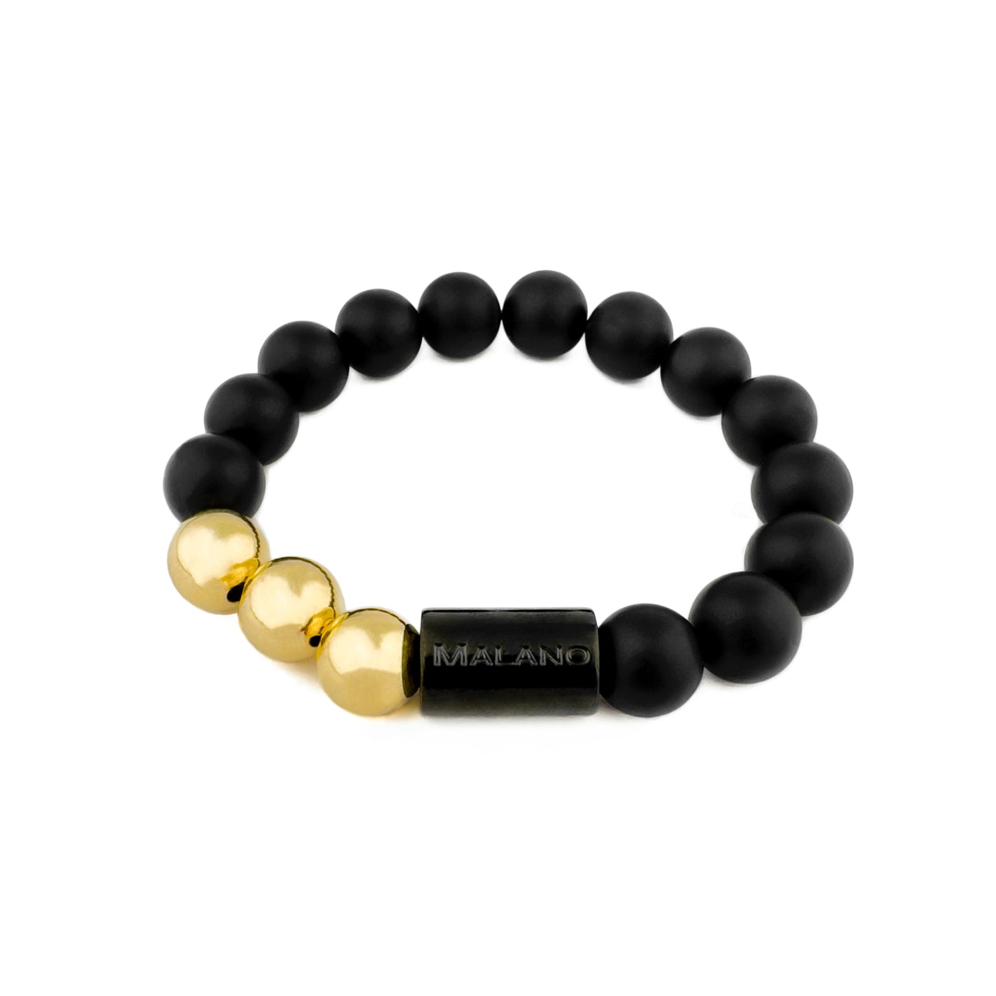 Malano branded 10mm Matte Black Onyx and Gold bead bracelet.