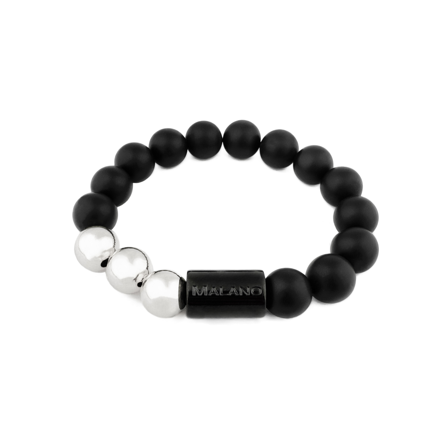 Malano branded 10mm Matte Black Onyx and Silver bead bracelet.