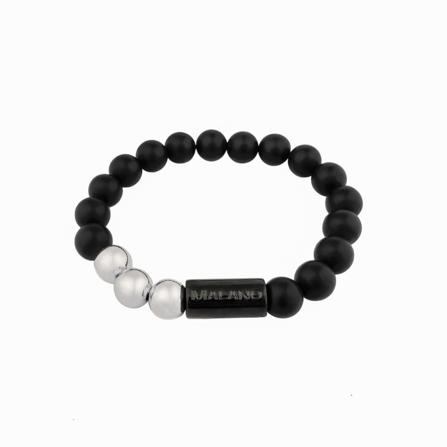 Malano branded 8mm Matte Black Onyx and Silver bead bracelet.