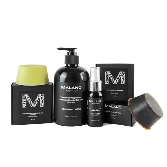 Tasmanian Body Gift Box comprising of Tasmanian Nativ Dark Hair Shampoo Bar, 50 Shades of Tasmania and Tasmanian Native Bush Soap Blocks, Tasmanian Pepperberry, Boronia and Costal Tea Tree Body/Hand Wash 500mL and Tasmanian Pepperberry, Kinzea & Blue Gum Hand-Surface Sanitiser 50mL.