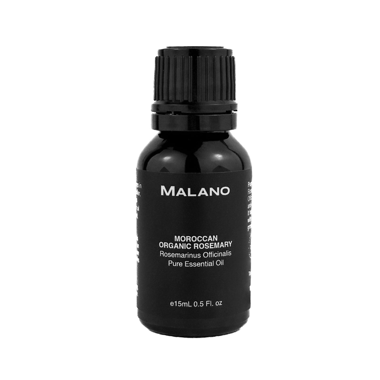 A 15mL black bottle of Moroccan Organic Rosemary Pure Essential Oil branded with ‘Malano’.