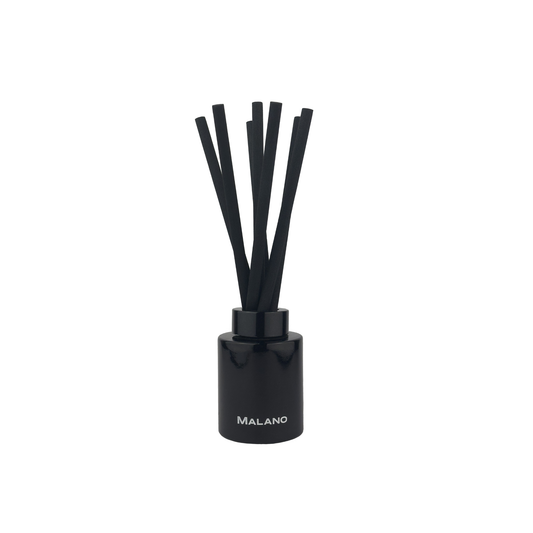 A black reed diffuser with multiple reeds inserted into a cylindrical container. The brand 'MALANO' is visible on the container.