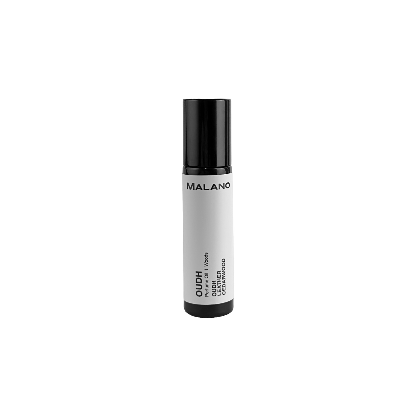 A black roll-on perfume bottle with a white label that reads 'Oudh’ ‘Malano' and '10mL'.