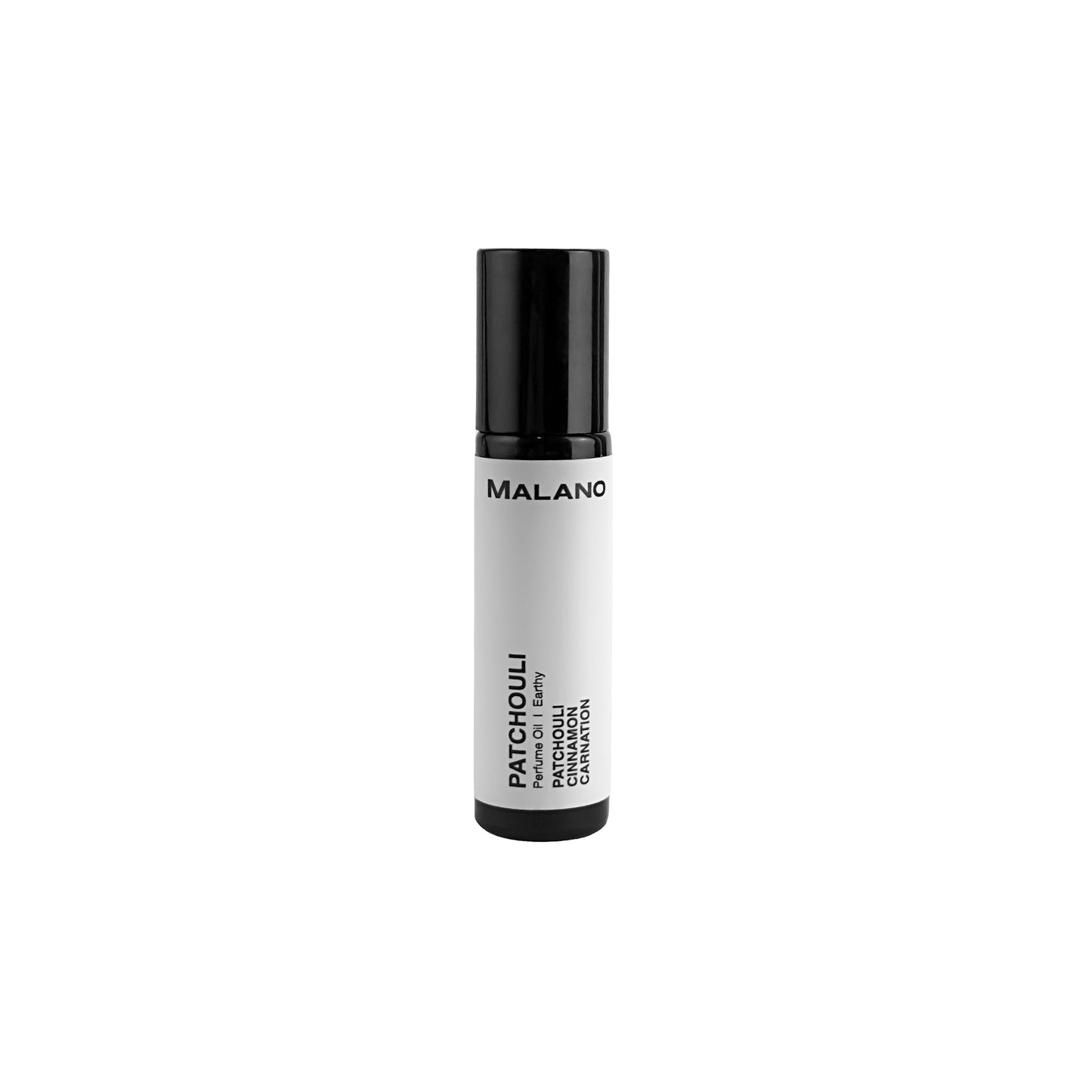 A black roll-on perfume bottle with a white label that reads 'Patchouli' and '10mL' with the brand being Malano.