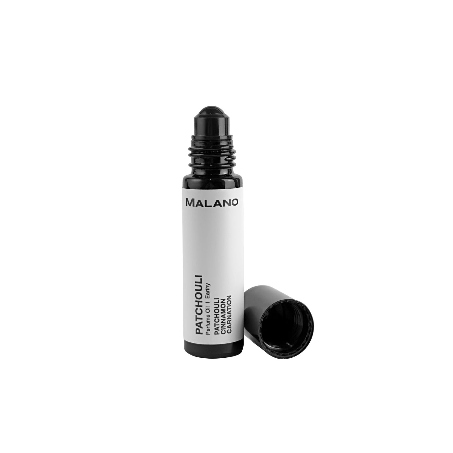 A roll-on perfume bottle with the cap removed, labeled Patchouli Perfume Oil by MALANO.
