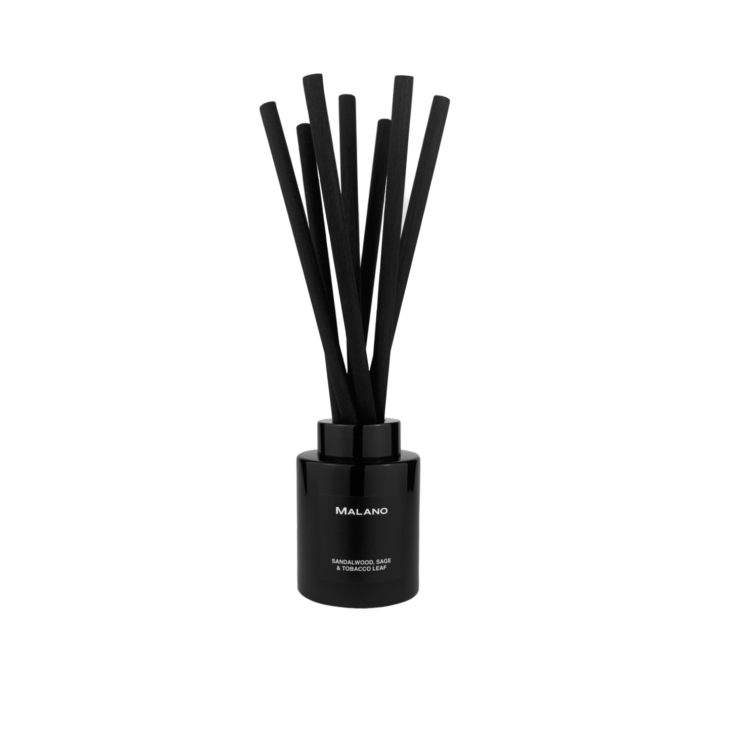 A black reed diffuser with several long, slender reeds inserted into a cylindrical container. The brand 'MALANO' and the scent ‘Sandalwood, Sage and Tobacco Leaf’ is visible on the container.