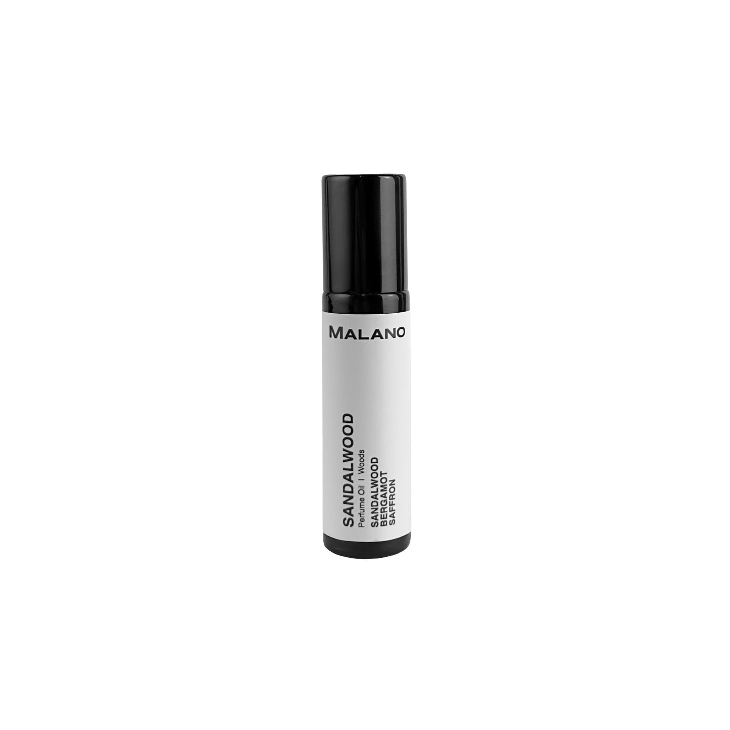 A black roll-on perfume bottle with the lid on, with a white label that reads 'Malano’, ‘Sandalwood Perfume Oil’ and '10mL'.