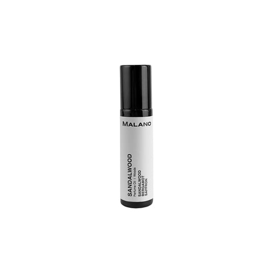 A black roll-on perfume bottle with the lid on, with a white label that reads 'Malano’, ‘Sandalwood Perfume Oil’  and '10mL'.