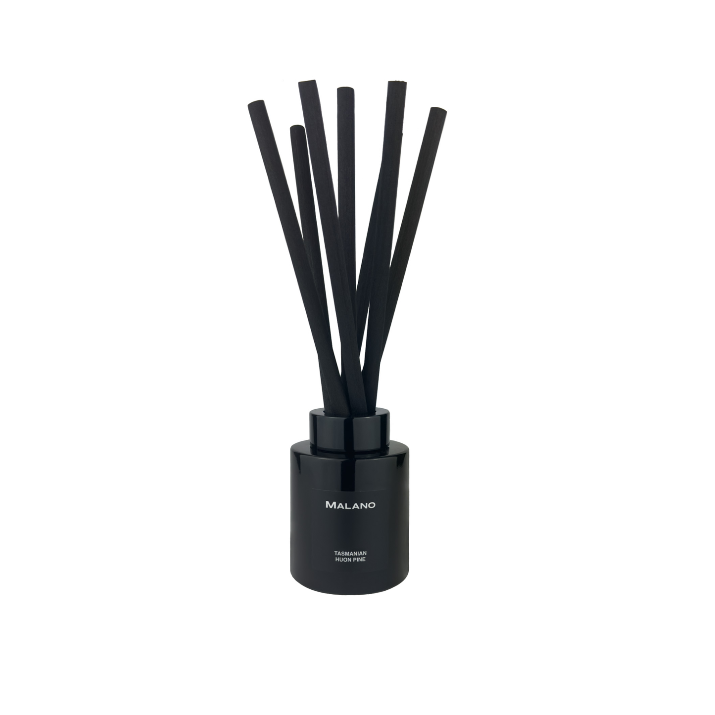 A black reed diffuser with several long, slender reeds inserted into a cylindrical container. The brand 'Malano' and the scent ‘Tasmanian Huon Pine’ is visible on the container.