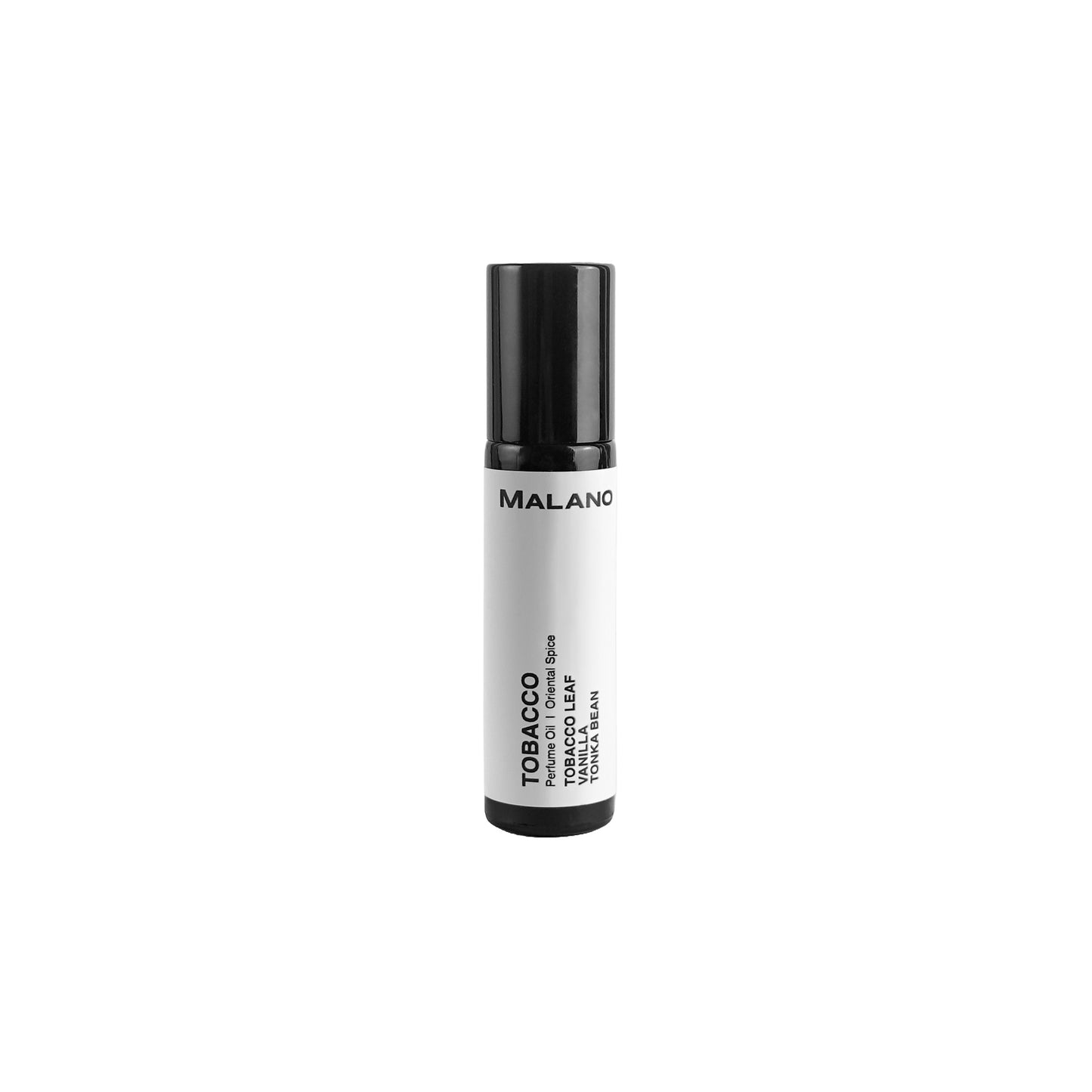 A black roll-on perfume bottle with a white label that reads 'Tobacco Leaf' and '10mL'.