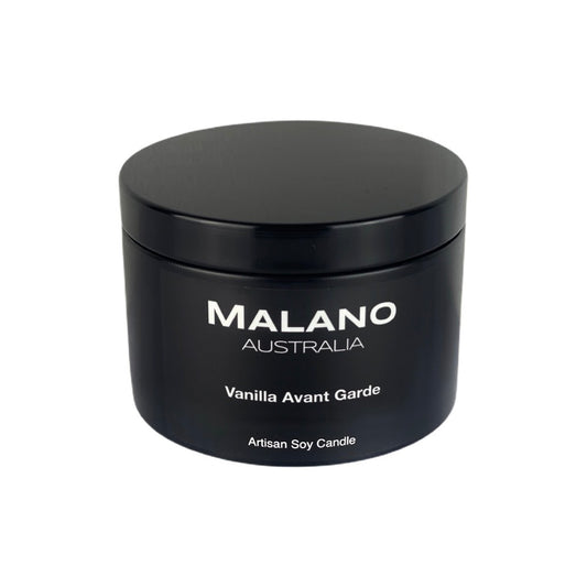 Black matte tin containing an Australian artisan scented soy wax candle with two wicks by Malano with a gourmand scent of Vanilla Avant Garde