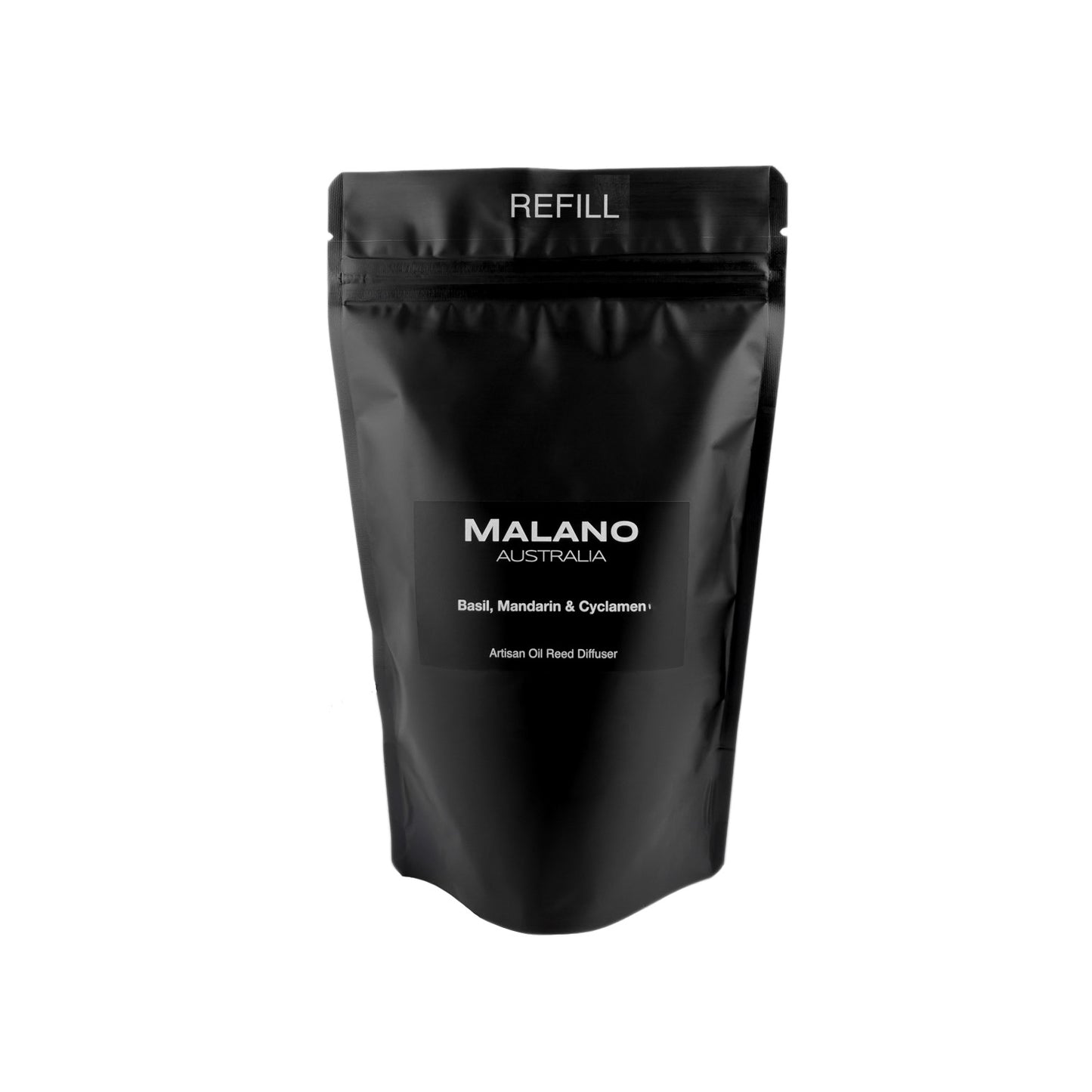 A black refill bag with the brand ‘MALANO’ and the scent reading ‘Basil, Mandarin and Cyclamen’, ‘Artisan Oil Reed Diffuser’ and ‘ REFILL’ on the front.